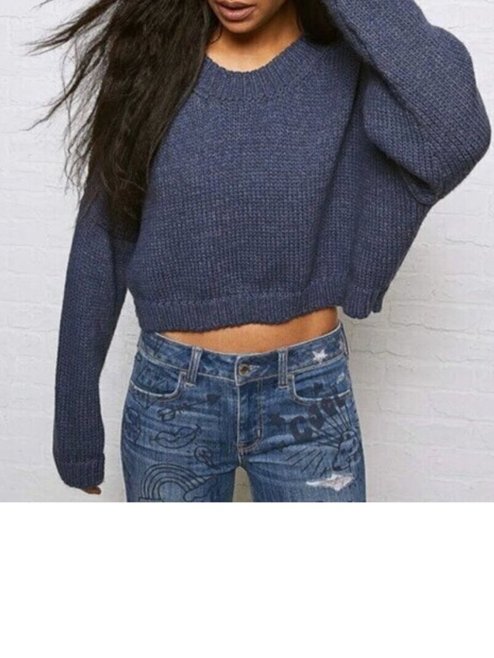 Don't Ask Why American Eagle Crop Knit Sweater Navy Blue - One Size O/S